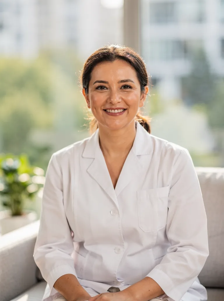 An approachable adult woman clinician in polished professional medical attire with no name badge smiling warmly toward the camera in a welcoming consultation setting